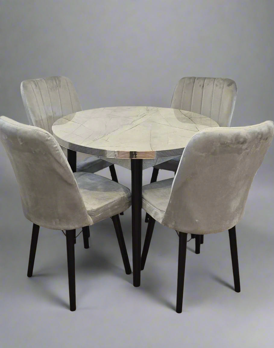 Round Wooden Dining Table With 4 Plush Velvet Wooden Chairs